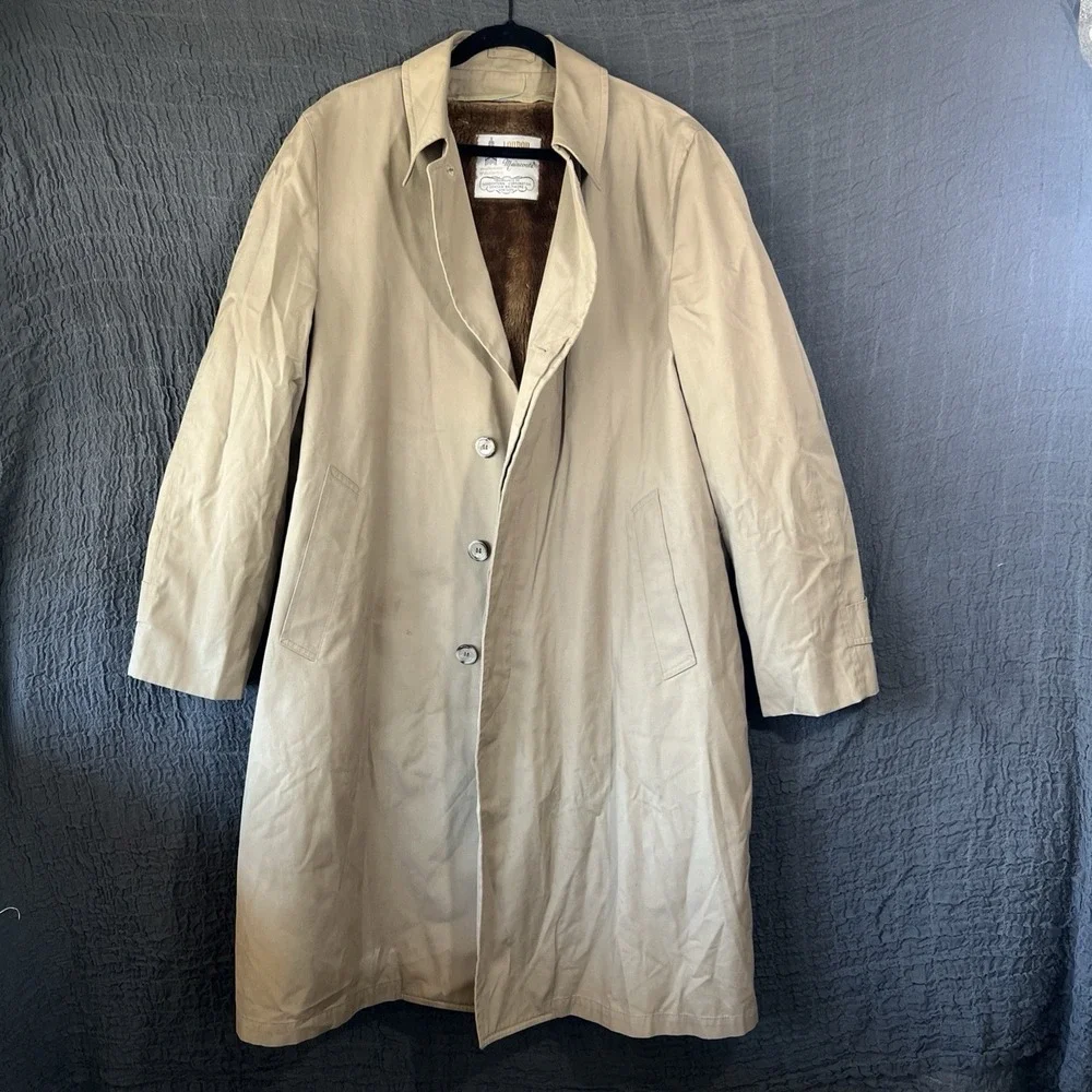 London Fog Maincoats Trench VTG Beige Removable Faux‎ Fur Liner Men's 44 Long